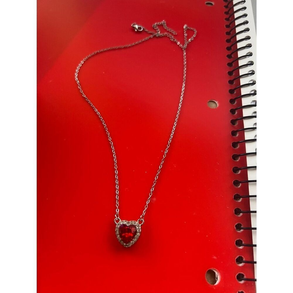 Silver Heart Pendant Necklace with Red Gem